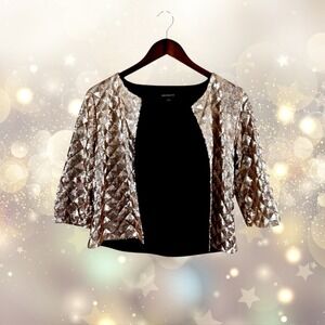 Haoduoyi‎ Party Statement Jacket All Over Gold Sequin Cropped Topper Medium